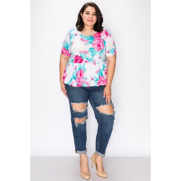 1x-3x Plus powder blue& pink  frill hem tunic top - Picture 5 of 7